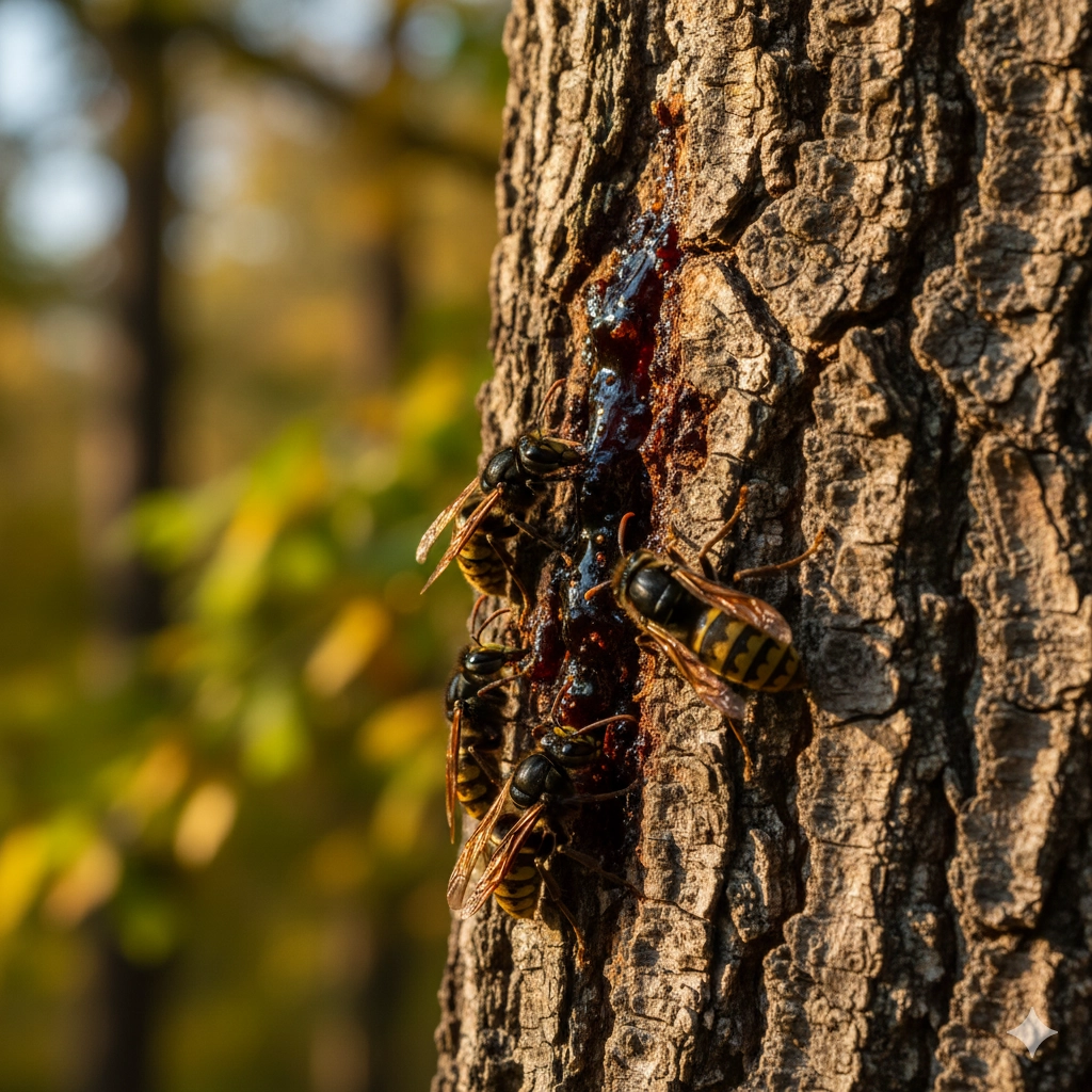 Frelons s'abreuvant de sève d'arbre